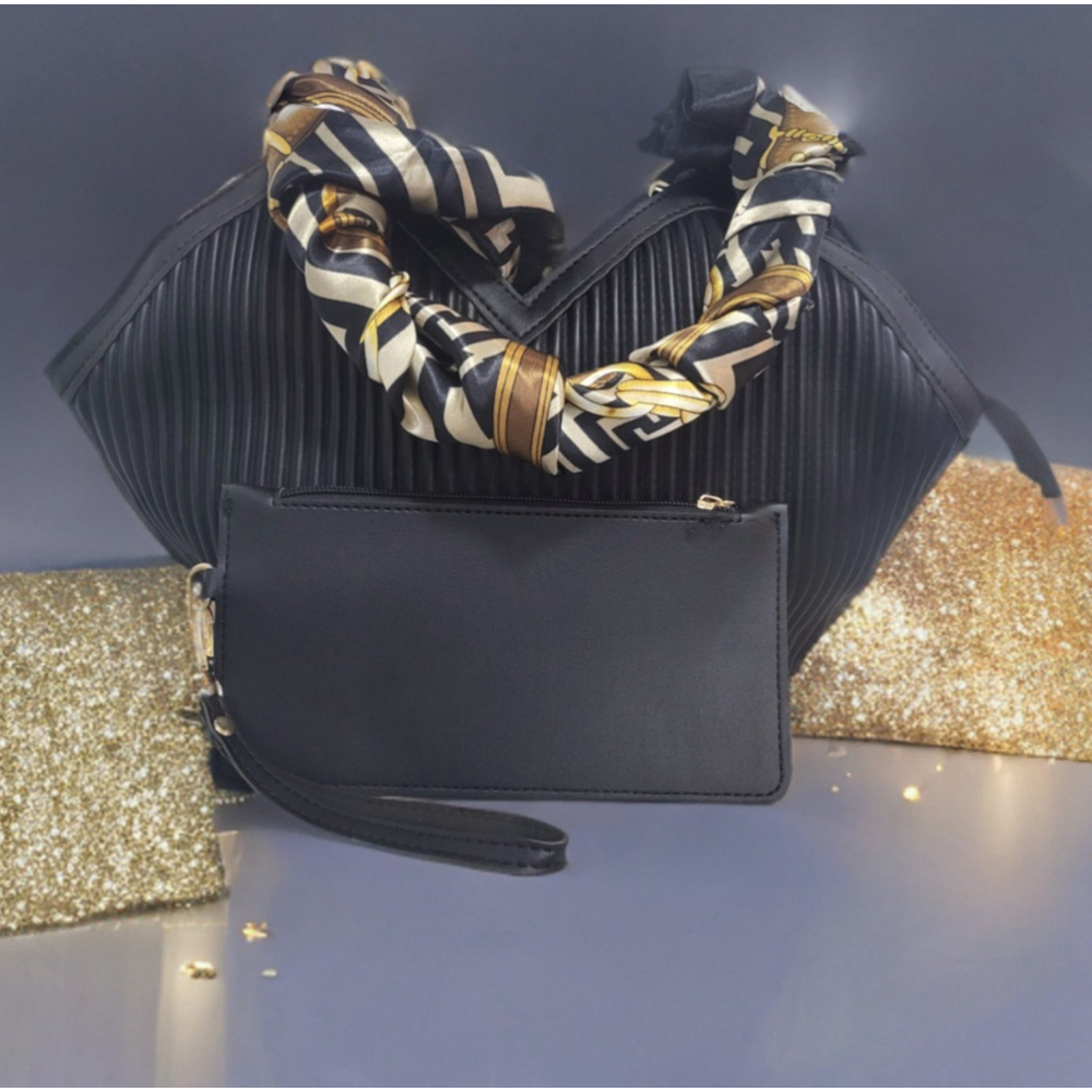 Black satchel bag with silk scarf and wristlet wallet